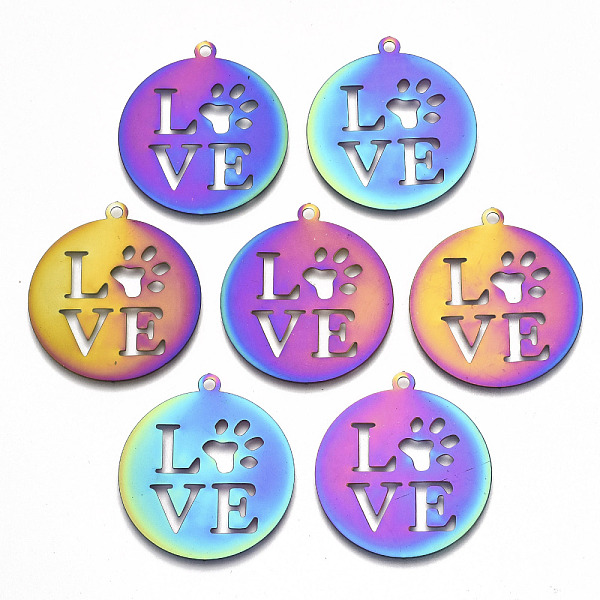 PandaHall Ion Plating(IP) 201 Stainless Steel Pet Pendants, Etched Metal Embellishments, Flat Round with Word Love & Dog Footprint, Rainbow...
PandaHall Ion Plating(IP) 201 Stainless Steel Pet Pendants, Etched Metal Embellishments, Flat Round with Word Love & Dog Footprint, Rainbow...