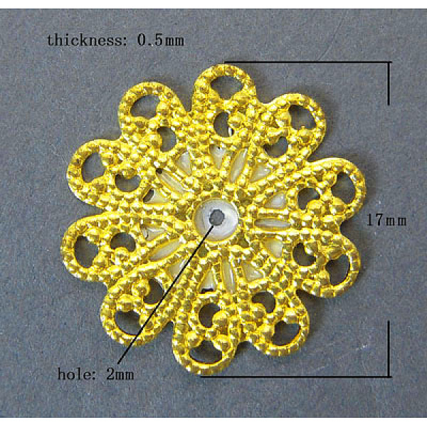 PandaHall Brass Vintage Filigree Findings, Lead Free and Cadmium Free, Flower, Golden Color, Size: about 17mm in diameter, 0.5mm thick, hole...
PandaHall Brass Vintage Filigree Findings, Lead Free and Cadmium Free, Flower, Golden Color, Size: about 17mm in diameter, 0.5mm thick, hole...