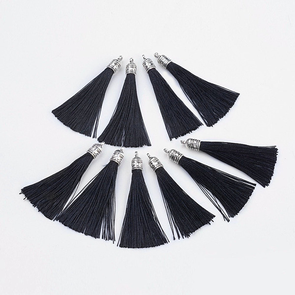 PandaHall Nylon Tassels Big Pendant Decorations, with Antique Silver Alloy Findings, Black, 55~67x7mm, Hole: 2mm Nylon Black
PandaHall Nylon Tassels Big Pendant Decorations, with Antique Silver Alloy Findings, Black, 55~67x7mm, Hole: 2mm Nylon Black
