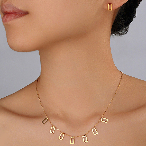PandaHall Fashionable 18K Gold Plated Stainless Steel Rectangle Pendant Necklace & Stud Earrings Set for Women Stainless Steel Rectangle
PandaHall Fashionable 18K Gold Plated Stainless Steel Rectangle Pendant Necklace & Stud Earrings Set for Women Stainless Steel Rectangle