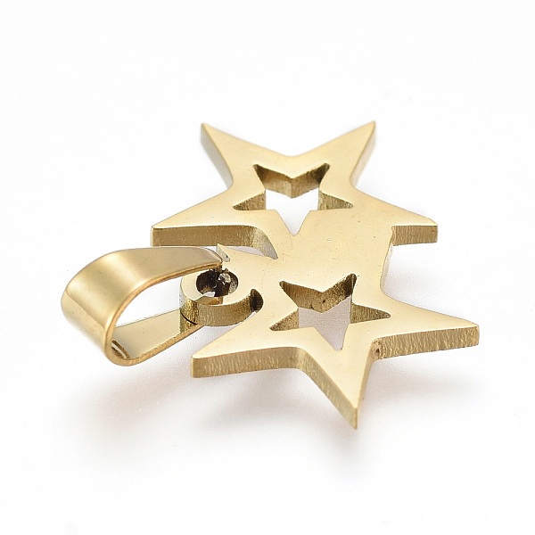 PandaHall 304 Stainless Steel Pendants, Laser Cut, Hollow, Star with Star, Golden, 12x19x1.2mm, Hole: 3x5mm 304 Stainless Steel Star
PandaHall 304 Stainless Steel Pendants, Laser Cut, Hollow, Star with Star, Golden, 12x19x1.2mm, Hole: 3x5mm 304 Stainless Steel Star