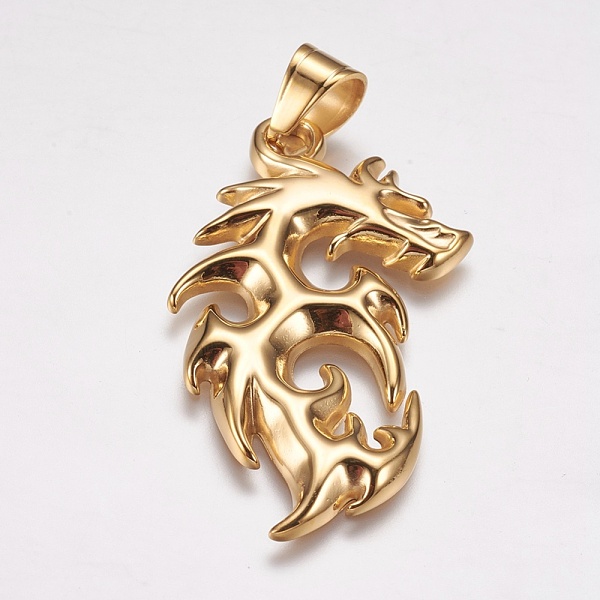 PandaHall 304 Stainless Steel Big Pendants, Ion Plating (IP), Dragon, Golden, 53x30x3mm, Hole: 7x9mm 304 Stainless Steel Dragon
PandaHall 304 Stainless Steel Big Pendants, Ion Plating (IP), Dragon, Golden, 53x30x3mm, Hole: 7x9mm 304 Stainless Steel Dragon