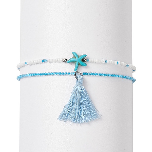 PandaHall Glass Anklets Set, with Synthetic Turquoise Starfish Beads and Tassels Pendant Decorations, Deep Sky Blue, Inner Diameter: 2-3/4...
PandaHall Glass Anklets Set, with Synthetic Turquoise Starfish Beads and Tassels Pendant Decorations, Deep Sky Blue, Inner Diameter: 2-3/4...