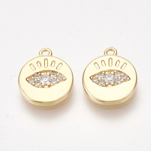 PandaHall Brass Cubic Zirconia Charms, Flat Round with Eye, Clear, Nickel Free, Real 18K Gold Plated, 10~10.5x8.5~9x1.5mm, Hole: 0.8mm...
PandaHall Brass Cubic Zirconia Charms, Flat Round with Eye, Clear, Nickel Free, Real 18K Gold Plated, 10~10.5x8.5~9x1.5mm, Hole: 0.8mm...
