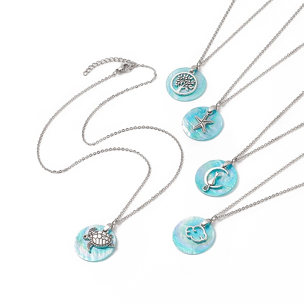 PandaHall AB Color Plated Capiz Shell Pendant Necklace, 304 Stainless Steel Chain Necklaces with Alloy Charms, Mixed..., Cyan
PandaHall AB Color Plated Capiz Shell Pendant Necklace, 304 Stainless Steel Chain Necklaces with Alloy Charms, Mixed..., Cyan
