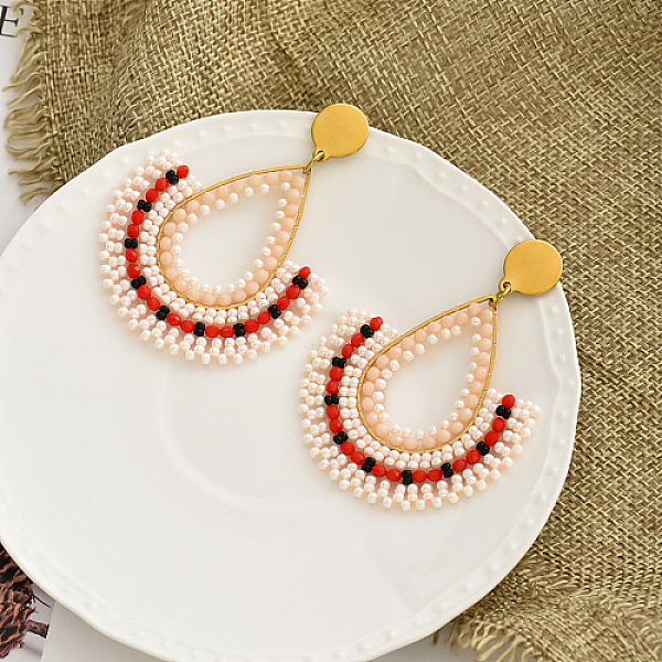 PandaHall 304 Stainless Steel Stud Earrings, Glass Seed Beaded Fan Long Drop Earrings, Golden, 65x50mm Seed Beads Fan
PandaHall 304 Stainless Steel Stud Earrings, Glass Seed Beaded Fan Long Drop Earrings, Golden, 65x50mm Seed Beads Fan