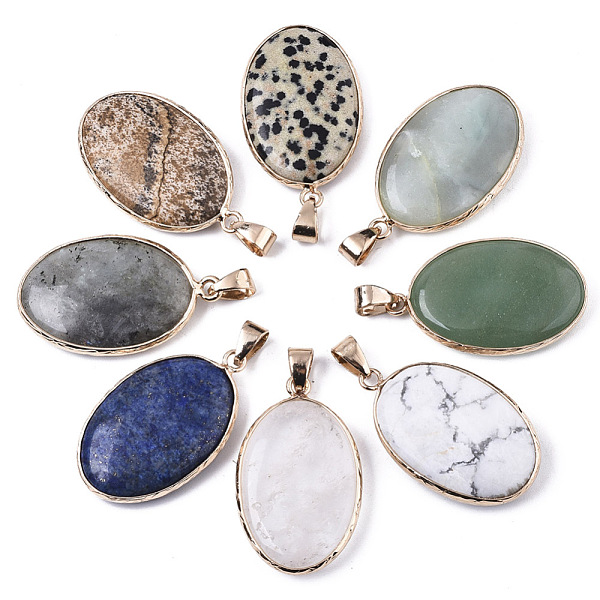 PandaHall Natural Mixed Gemstone Pendants, with Light Gold Plated Brass Edge and Snap on Bail, Oval, 35~36x21.5x6.5mm, Hole: 6x12mm Mixed...
PandaHall Natural Mixed Gemstone Pendants, with Light Gold Plated Brass Edge and Snap on Bail, Oval, 35~36x21.5x6.5mm, Hole: 6x12mm Mixed...