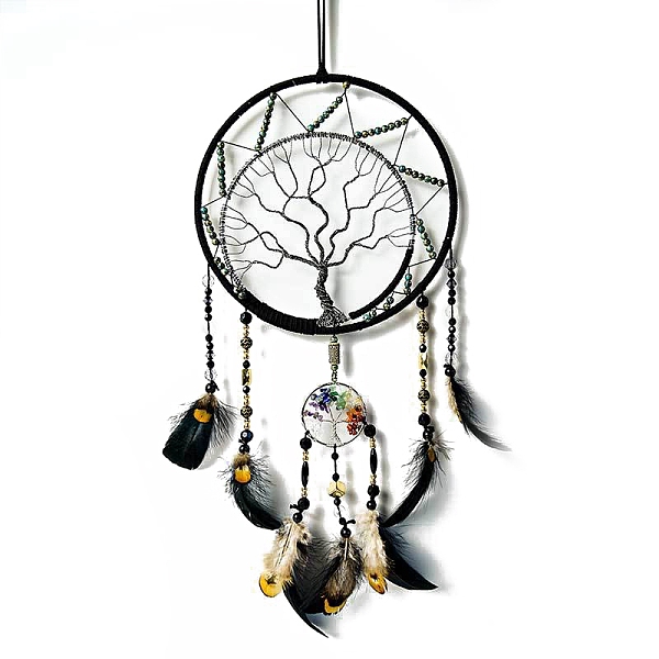 PandaHall Iron & Gemstone Pendant Decoration, Woven Net/Web with Feather Home Wall Hanging Decor, Flat Round with Tree of Life, Black, 560mm...
PandaHall Iron & Gemstone Pendant Decoration, Woven Net/Web with Feather Home Wall Hanging Decor, Flat Round with Tree of Life, Black, 560mm...
