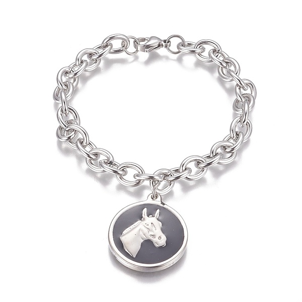 PandaHall Stainless Steel Bracelets, with Enamel Charms, Round with Horse Head, Stainless Steel Color, 8-1/4 inch(210mm) Stainless Steel
PandaHall Stainless Steel Bracelets, with Enamel Charms, Round with Horse Head, Stainless Steel Color, 8-1/4 inch(210mm) Stainless Steel