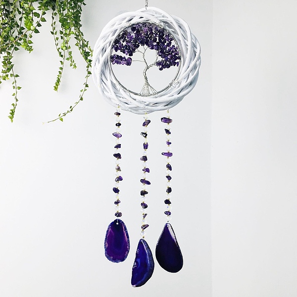 PandaHall Rattan & Natural Amethyst Chips Flat Round with Tree of Life Pendant Decorations. Wind Chime, with Agate Piece, White, 490x150mm...
PandaHall Rattan & Natural Amethyst Chips Flat Round with Tree of Life Pendant Decorations. Wind Chime, with Agate Piece, White, 490x150mm...