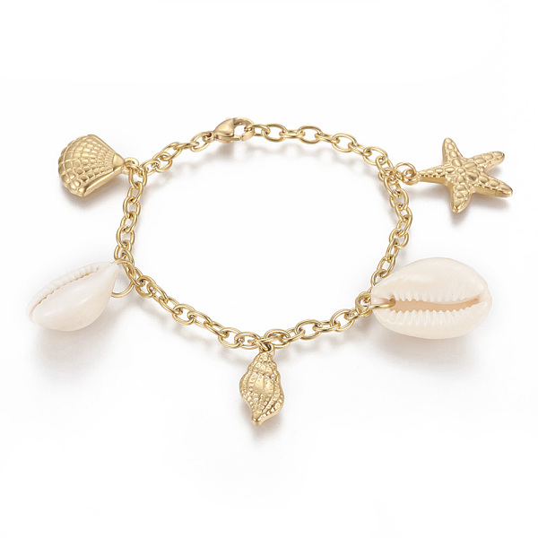 PandaHall 304 Stainless Steel Charm Bracelets, with Natural Cowrie Shell, Starfish/Sea Stars with Shell and Conch, Golden, 7-3/4 inch..., White
PandaHall 304 Stainless Steel Charm Bracelets, with Natural Cowrie Shell, Starfish/Sea Stars with Shell and Conch, Golden, 7-3/4 inch..., White
