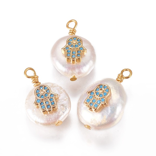 PandaHall Natural Cultured Freshwater Pearl Pendants, with Cubic Zirconia and Brass Findings, Flat Round with Hamsa Hand/Hand of Fatima..., Blue
PandaHall Natural Cultured Freshwater Pearl Pendants, with Cubic Zirconia and Brass Findings, Flat Round with Hamsa Hand/Hand of Fatima..., Blue