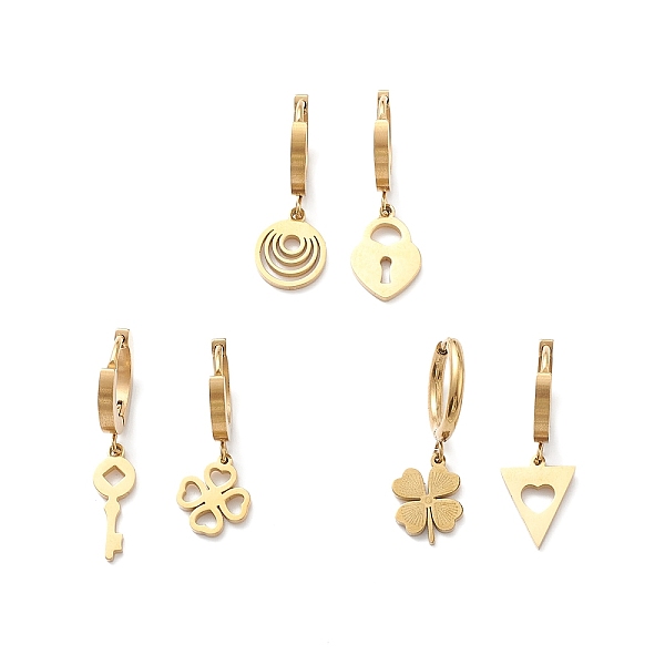PandaHall 3 Pair 3 Style Clover & Lock & Key & Triangle & Flat Round Asymmetrical Earrings, Ion Plating(IP) 304 Stainless Steel Dangle Hoop...
PandaHall 3 Pair 3 Style Clover & Lock & Key & Triangle & Flat Round Asymmetrical Earrings, Ion Plating(IP) 304 Stainless Steel Dangle Hoop...