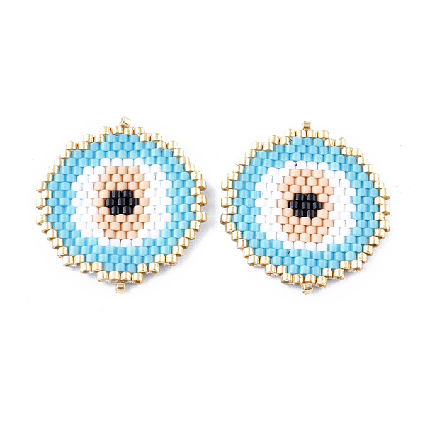 PandaHall Handmade Seed Beads Links Connectors, with Elastic Thread, Loom Pattern, Flat Round with Evil Eye, Sky Blue, 28x25.5x1.5~2mm, Hole...
PandaHall Handmade Seed Beads Links Connectors, with Elastic Thread, Loom Pattern, Flat Round with Evil Eye, Sky Blue, 28x25.5x1.5~2mm, Hole...