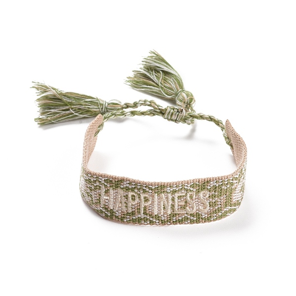 PandaHall Word Happiness Polycotton(Polyester Cotton) Braided Bracelet with Tassel Charm, Flat Adjustable Wide Wristband for Couple, Olive...
PandaHall Word Happiness Polycotton(Polyester Cotton) Braided Bracelet with Tassel Charm, Flat Adjustable Wide Wristband for Couple, Olive...