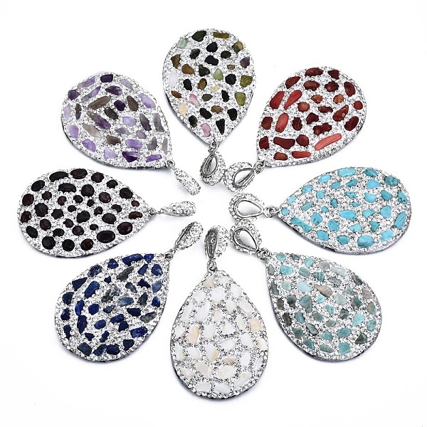 PandaHall Polymer Clay Rhinestone Pendants, with Gemstone Chip/Natural Shell Chip and PU Leather, Teardrop, Platinum, 53~56x37~39x6~8mm..., Multicolor
PandaHall Polymer Clay Rhinestone Pendants, with Gemstone Chip/Natural Shell Chip and PU Leather, Teardrop, Platinum, 53~56x37~39x6~8mm..., Multicolor