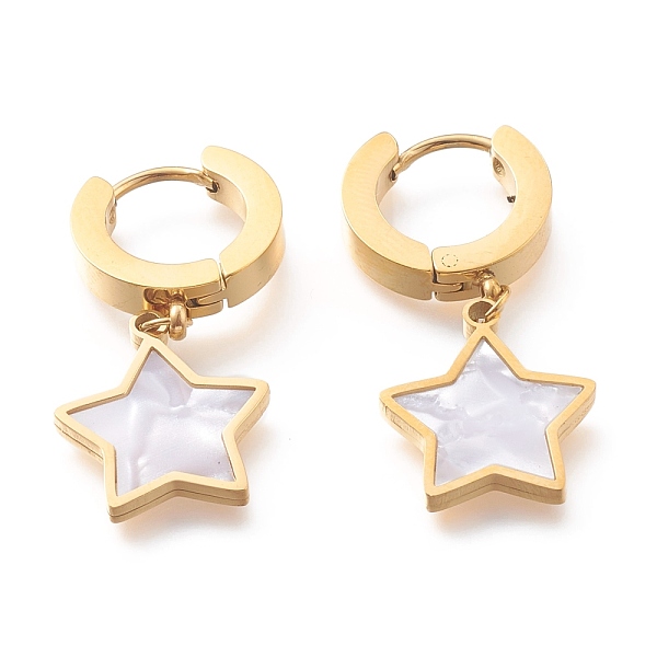 PandaHall 304 Stainless Steel Huggie Hoop Earrings, with Natural White Shell, Star, Golden, 31mm, Pin: 1mm 304 Stainless Steel Star
PandaHall 304 Stainless Steel Huggie Hoop Earrings, with Natural White Shell, Star, Golden, 31mm, Pin: 1mm 304 Stainless Steel Star