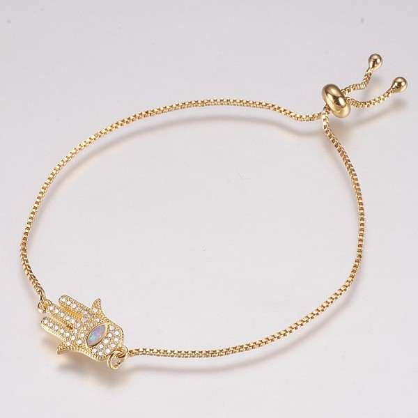 PandaHall Adjustable Brass Bolo Bracelets, Slider Bracelets, with Synthetic Opal and Cubic Zirconia, Hamsa Hand/Hand of Fatima/Hand of..., Pink
PandaHall Adjustable Brass Bolo Bracelets, Slider Bracelets, with Synthetic Opal and Cubic Zirconia, Hamsa Hand/Hand of Fatima/Hand of..., Pink