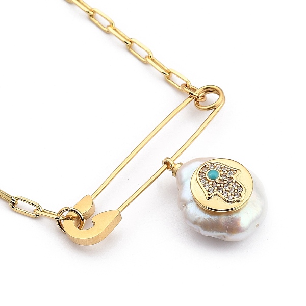 PandaHall Natural Pearl Pendant Necklaces, with 201 Stainless Steel Safety Pins and Cardboard Box, Flat Round with Hamsa Hand, Golden...
PandaHall Natural Pearl Pendant Necklaces, with 201 Stainless Steel Safety Pins and Cardboard Box, Flat Round with Hamsa Hand, Golden...