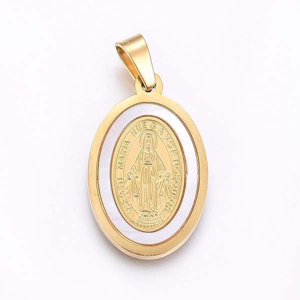 PandaHall 304 Stainless Steel Pendants, with Shell, Oval with Virgin Mary, White, Golden, 27x17x2mm, Hole: 7x4mm 304 Stainless Steel Oval...
PandaHall 304 Stainless Steel Pendants, with Shell, Oval with Virgin Mary, White, Golden, 27x17x2mm, Hole: 7x4mm 304 Stainless Steel Oval...