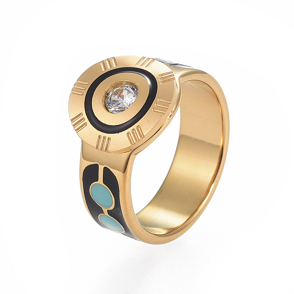 PandaHall Unisex 304 Stainless Steel Finger Rings, Wide Band Rings, with Crystal Rhinestone, Enamel, Flat Round, Golden, Size 6~9, 16~19mm..., Black
PandaHall Unisex 304 Stainless Steel Finger Rings, Wide Band Rings, with Crystal Rhinestone, Enamel, Flat Round, Golden, Size 6~9, 16~19mm..., Black