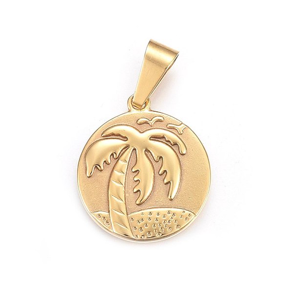 PandaHall 304 Stainless Steel Pendants, Flat Round with Coconut Tree, Golden, 28.5x25x3mm, Hole: 10x6mm 304 Stainless Steel Flat Round
PandaHall 304 Stainless Steel Pendants, Flat Round with Coconut Tree, Golden, 28.5x25x3mm, Hole: 10x6mm 304 Stainless Steel Flat Round