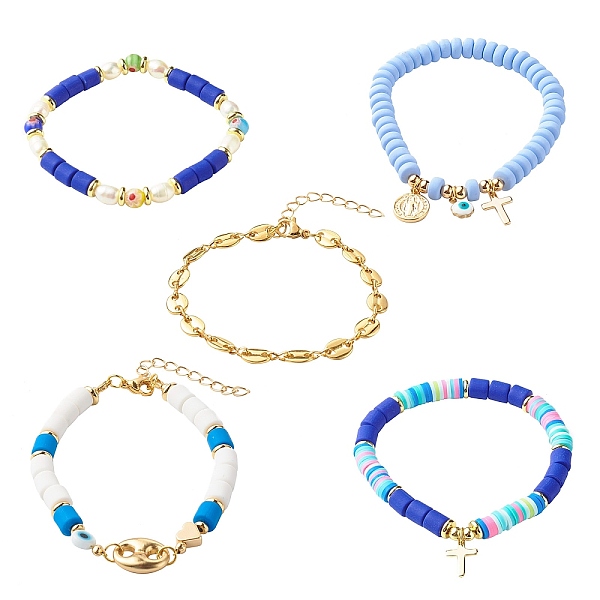 PandaHall 5Pcs 5 Style Handmade Polymer Clay Stretch & Brass Beaded & Alloy Link Chain Bracelets Set, with Millefiori Glass Beads and Pearl..., Blue
PandaHall 5Pcs 5 Style Handmade Polymer Clay Stretch & Brass Beaded & Alloy Link Chain Bracelets Set, with Millefiori Glass Beads and Pearl..., Blue
