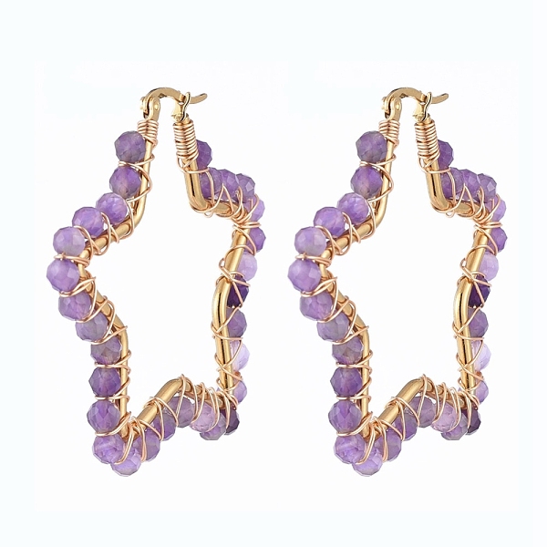 PandaHall 201 Stainless Steel Hoop Earrings, Beaded Hoop Earrings, with Natural Amethyst Beads, Star, Golden, 51x51.5x4.5mm, Pin: 1x0.6mm...
PandaHall 201 Stainless Steel Hoop Earrings, Beaded Hoop Earrings, with Natural Amethyst Beads, Star, Golden, 51x51.5x4.5mm, Pin: 1x0.6mm...