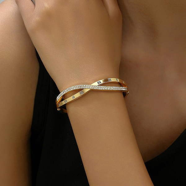 PandaHall Elegant Roman Numerals Alloy Rhinestone Bangles for Women, Real 18K Gold Plated Alloy
PandaHall Elegant Roman Numerals Alloy Rhinestone Bangles for Women, Real 18K Gold Plated Alloy