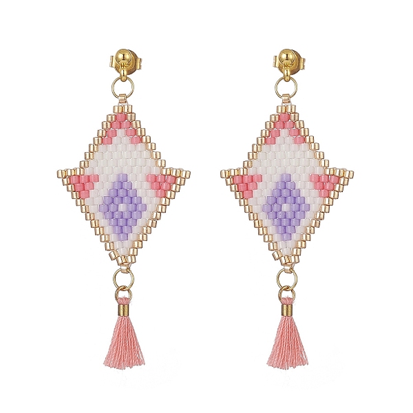 PandaHall Rhombus Handmade Loom Pattern Glass Seed Dangle Earrings, Polycotton Tassel Stud Earring for Women, Pink, 55mm, Pin: 0.9mm Seed...
PandaHall Rhombus Handmade Loom Pattern Glass Seed Dangle Earrings, Polycotton Tassel Stud Earring for Women, Pink, 55mm, Pin: 0.9mm Seed...