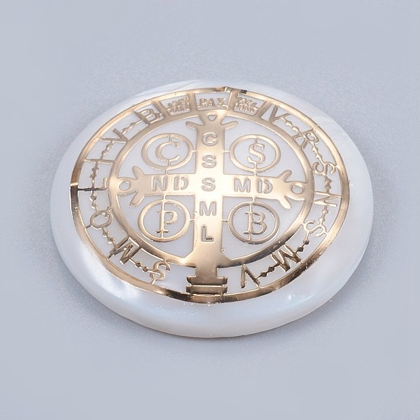 PandaHall Freshwater Shell Cabochons, with Brass Findings, Flat Round with Saint Benedict Medal, Golden, 20x3.5~4mm Shell Flat Round
PandaHall Freshwater Shell Cabochons, with Brass Findings, Flat Round with Saint Benedict Medal, Golden, 20x3.5~4mm Shell Flat Round