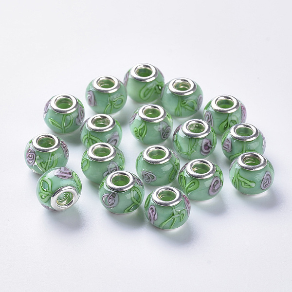 PandaHall Handmade Lampwork European Beads, Large Hole Beads, with Silver Color Plated Brass Double Cores, Inner Flower Lampwork, Rondelle..., Green
PandaHall Handmade Lampwork European Beads, Large Hole Beads, with Silver Color Plated Brass Double Cores, Inner Flower Lampwork, Rondelle..., Green