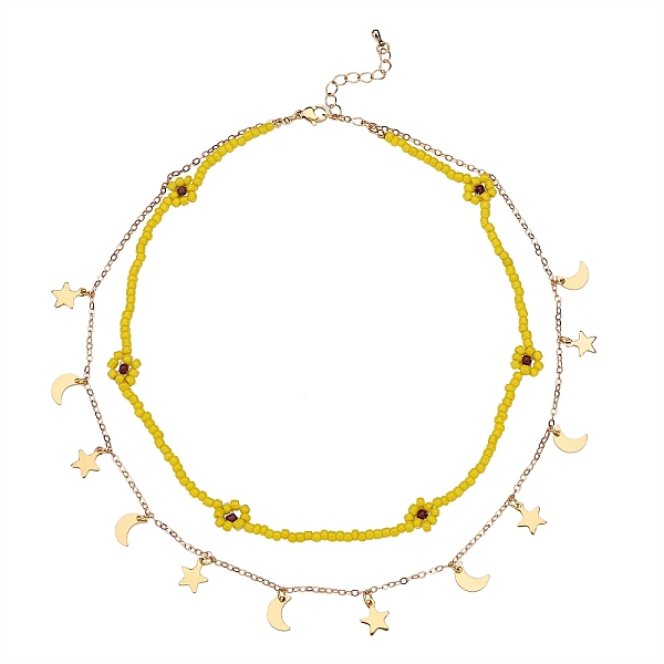 PandaHall Glass Seed Braided Flower Double Layer Necklace, 304 Stainless Steel Moon and Star Charm Necklace with Brass Cable Chains for..., Yellow
PandaHall Glass Seed Braided Flower Double Layer Necklace, 304 Stainless Steel Moon and Star Charm Necklace with Brass Cable Chains for..., Yellow