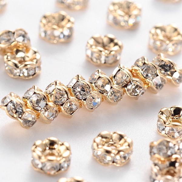 PandaHall Brass Rhinestone Spacer Beads, Grade AAA, Wavy Edge, Nickel Free, Light Gold Metal Color, Rondelle, Crystal, 4x2mm, Hole: 1mm..., Clear
PandaHall Brass Rhinestone Spacer Beads, Grade AAA, Wavy Edge, Nickel Free, Light Gold Metal Color, Rondelle, Crystal, 4x2mm, Hole: 1mm..., Clear