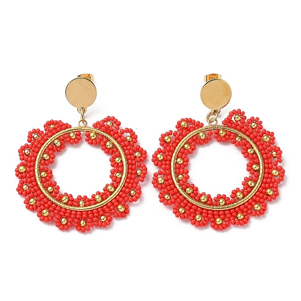 PandaHall Woven Glass & Brass Beaded Donut Dangle Stud Earrings, with Vacuum Plating 304 Stainless Steel Pins, Red, 60x49mm Brass Donut Red
PandaHall Woven Glass & Brass Beaded Donut Dangle Stud Earrings, with Vacuum Plating 304 Stainless Steel Pins, Red, 60x49mm Brass Donut Red