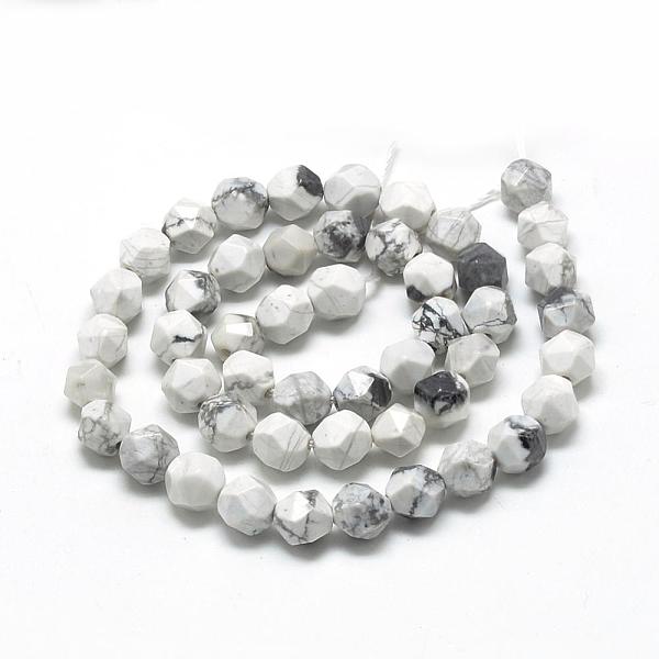 

PandaHall Natural Howlite Beads Strands, Star Cut Round Beads, Faceted, 8~10x7~8mm, Hole: 1mm, about 48pcs/strand, 15.3 inch Howlite Round