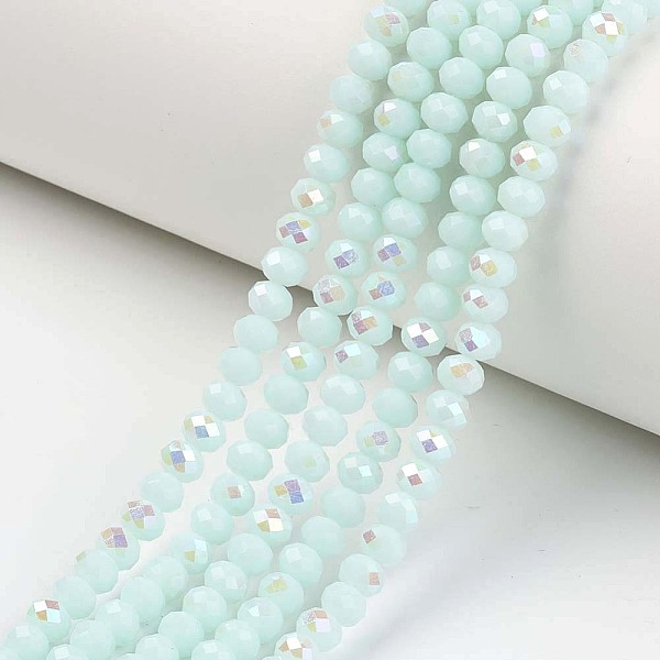 

PandaHall Electroplate Opaque Solid Color Glass Beads Strands, Half Rainbow Plated, Faceted, Rondelle, Light Cyan, 10x8mm, Hole: 1mm, about...