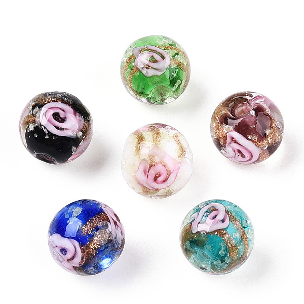 

PandaHall Luminous Handmade Gold Sand Lampwork Beads, Glow in the Dark, Round with Flower, Mixed Color, 8x8mm, Hole: 1.6mm Lampwork Round..., Multicolor