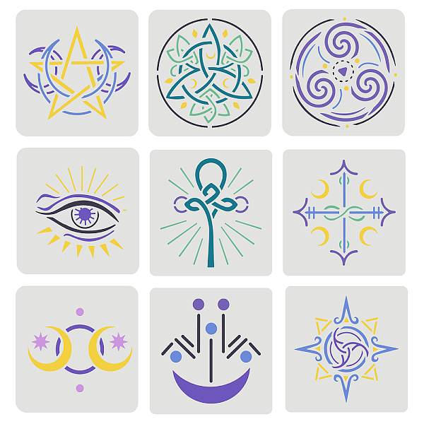 

PandaHall FINGERINSPIRE 9 Pcs Wiccan/Witch Symbols Stencils 15x15cm Stars Moon Stencil Plastic Devil's Eyes Stencil Moon Goddess Symbol..., White