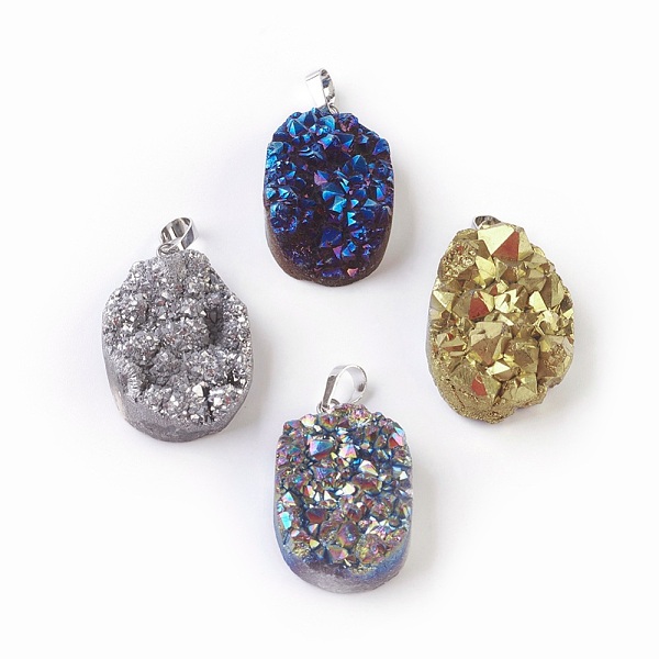 

PandaHall Electroplated Natural Druzy Quartz Crystal Pendants, with Brass Findings, Oval, Platinum, Mixed Color, 33~37x20~23x11~15mm, Hole..., Multicolor