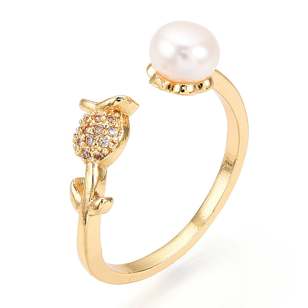 

PandaHall Natural Pearl Open Cuff Ring Micro Pave Clear Cubic Zirconia, Brass Finger Rings, Tulip, Real 18K Gold Plated, US Size 9 3/4...