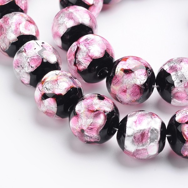 PandaHall Handmade Silver Foil Glass Round Beads, Pearl Pink, 14x13mm, Hole: 1mm Silver Foil Round Pink