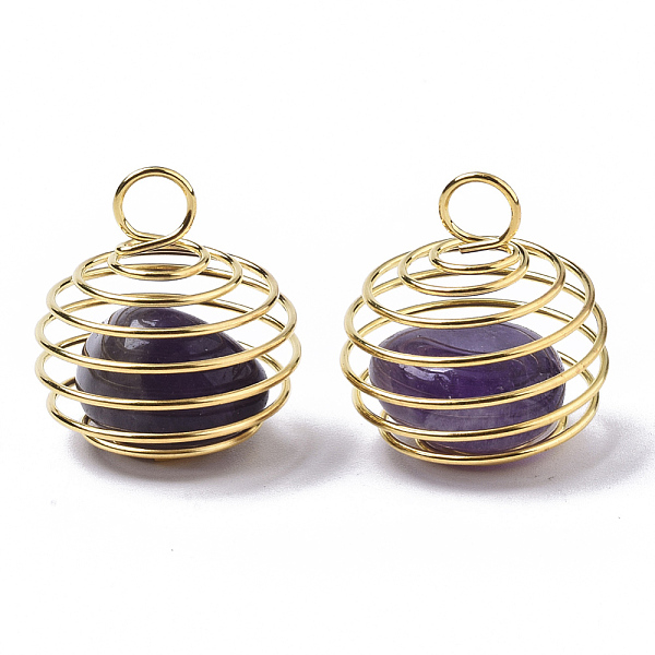 

PandaHall Iron Wrap-around Spiral Bead Cage Pendants, with Natural Amethyst Beads inside, Round, Golden, 21x24~26mm, Hole: 5mm Amethyst...