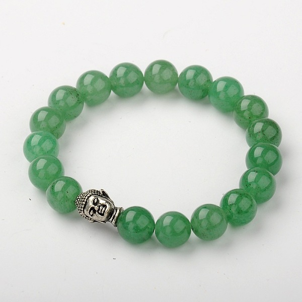 PandaHall Natural Green Aventurine Stretch Bracelets, Buddhist Bracelets, with Tibetan Style Alloy Buddha Head Beads, Antique Silver, 2-1/8...