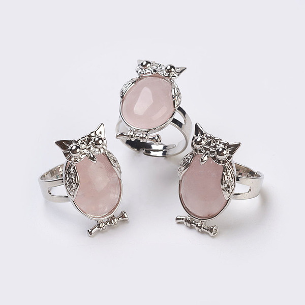 

PandaHall Natural Rose Quartz Adjustable Finger Ring, Wide Band Rings, Owl, Size 8, Platinum, 18mm Rose Quartz