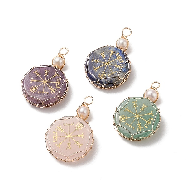 

PandaHall 4Pcs 4 Styles Natural Mixed Stone Pendants, Nordic Pagan Pattern Flat Round Charms with Pearl, Natural Green Aventurine & Lapis...