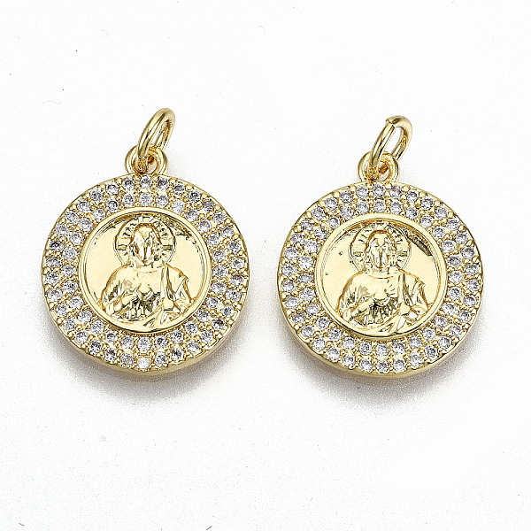 

PandaHall Brass Micro Pave Clear Cubic Zirconia Pendants, with Jump Rings, Nickel Free, Flat Round with Saint, Real 16K Gold Plated...