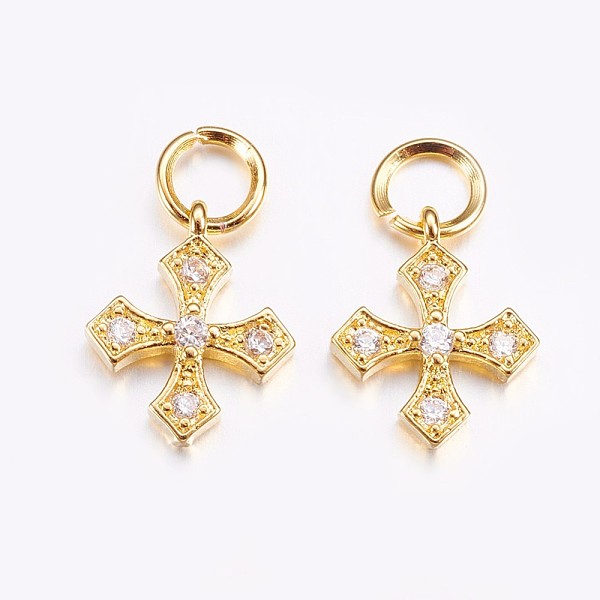 

PandaHall Brass Micro Pave Cubic Zirconia Tiny Cross Charms, Golden, 11x9.5x2mm, Hole: 3mm Brass+Cubic Zirconia Cross Clear