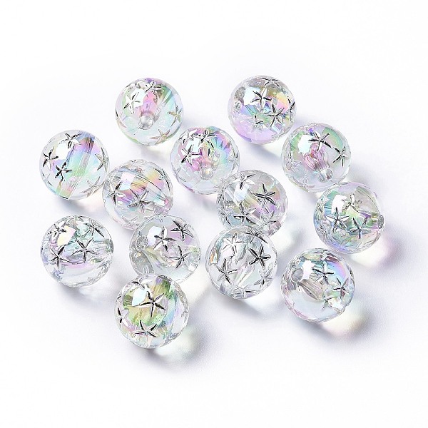 PandaHall Transparent Acrylic Beads, Trace A Design in Gold, Round, Silver, 16x16mm, Hole: 2.5mm Acrylic Round Silver