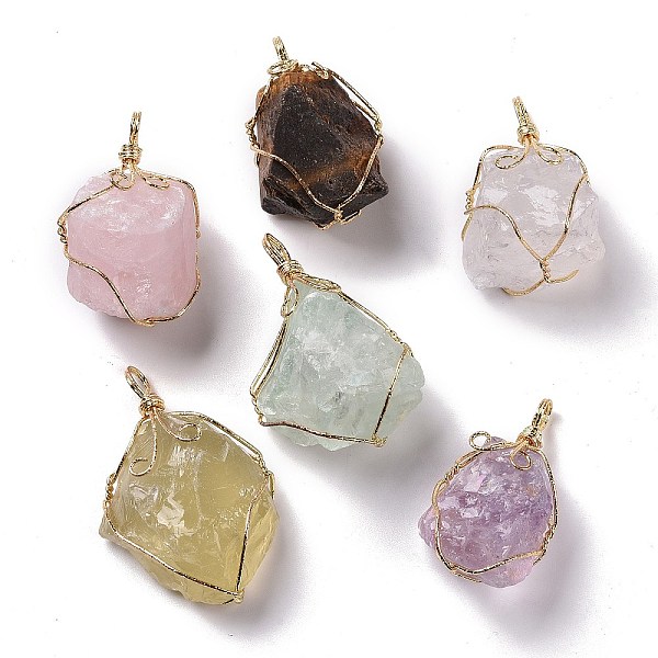 

PandaHall Copper Wire Wrapped Natural Raw Gemstone Pendants, Nuggets Charms, 36~52.5x20~34x15~33mm, Hole: 5.5~6x4~5mm Mixed Stone Nuggets